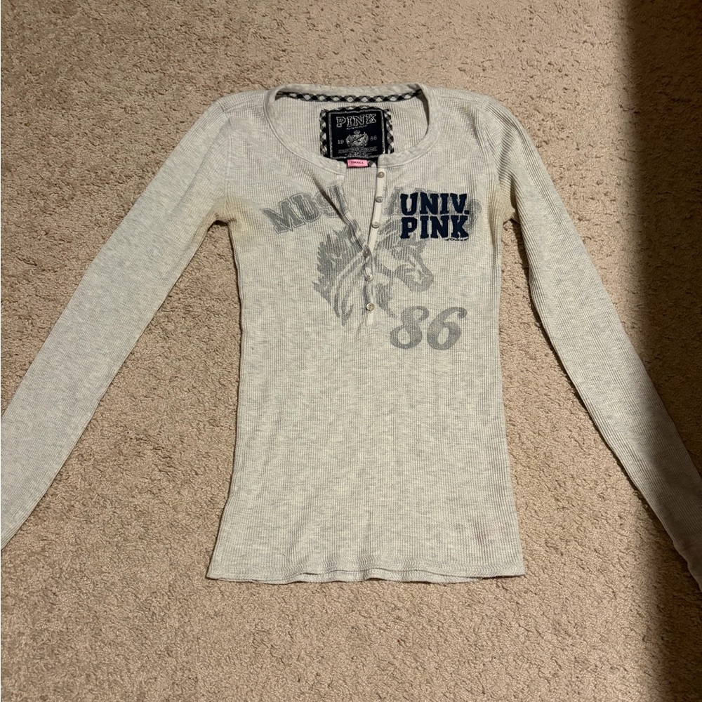 Victoria's Secret Pink Long Sleeve Tee - Cream and Gray